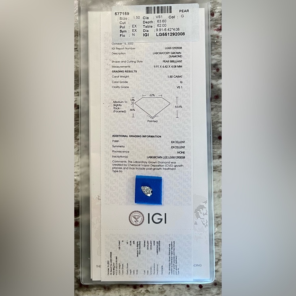 1.5 carat G VS1 pear shaped loose diamond lab created with IGI report